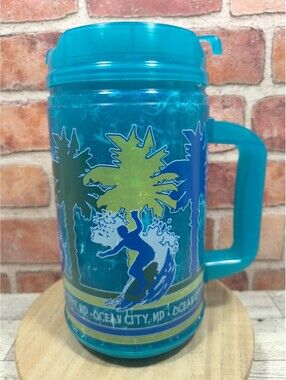 Vintage Whirley Teal Ocean City MD 32oz Travel Mug Surfing Palm Trees With Lid